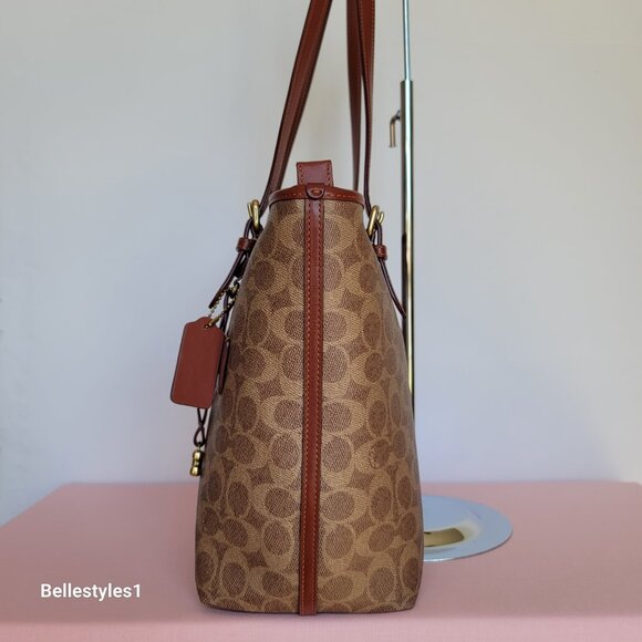 COACH Taylor Signature Logo Canvas Tote with C Dangle Charm-Tan Rust color ⭐ - Picture 9 of 16